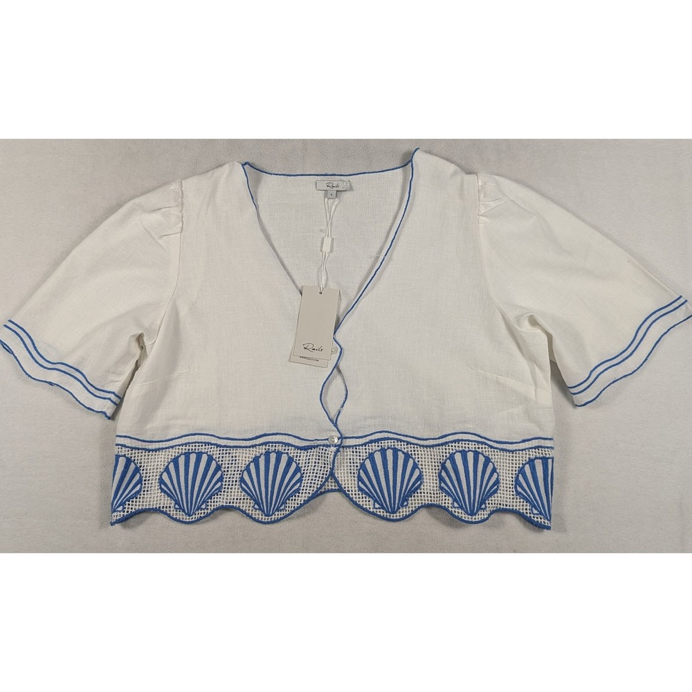 NEW Rails Venice White Blue Seashell Embroidered Linen Blend Crop Top Small - Picture 2 of 6